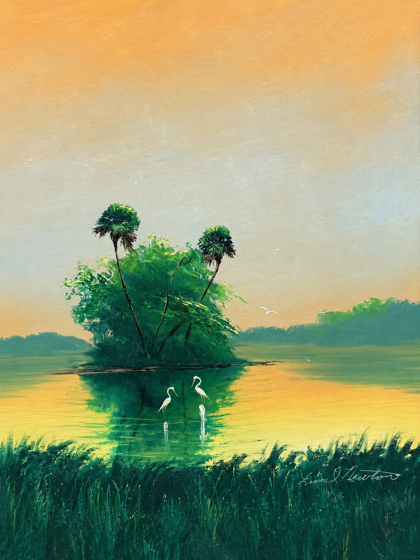 Lemuel Newton, Florida Highwaymen Painting, 18 x 14 — Birds Before the Morning Glow: "Lemuel Newton, Florida Highwaymen Painting, 18 x 14?Framed: 20 x 17?Masonite?Birds Before the Morning Glow A highly attractive Lemuel Newton crosswater scene centered around one of the strongest and 