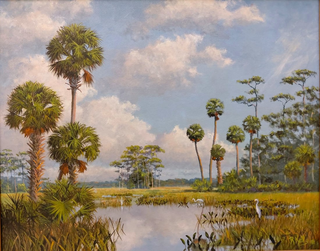 Rick Kelly Painting 'Birds in the Backwaters': Kelly, Rick ( B. 1951) A.E. Backus formal student - Indian River School artist. Oil on canvas 16" x 20" 'Birds in the Backwaters'. 23 1/2" x 27 1/2" with the frame. Signed lower right, dated '88.