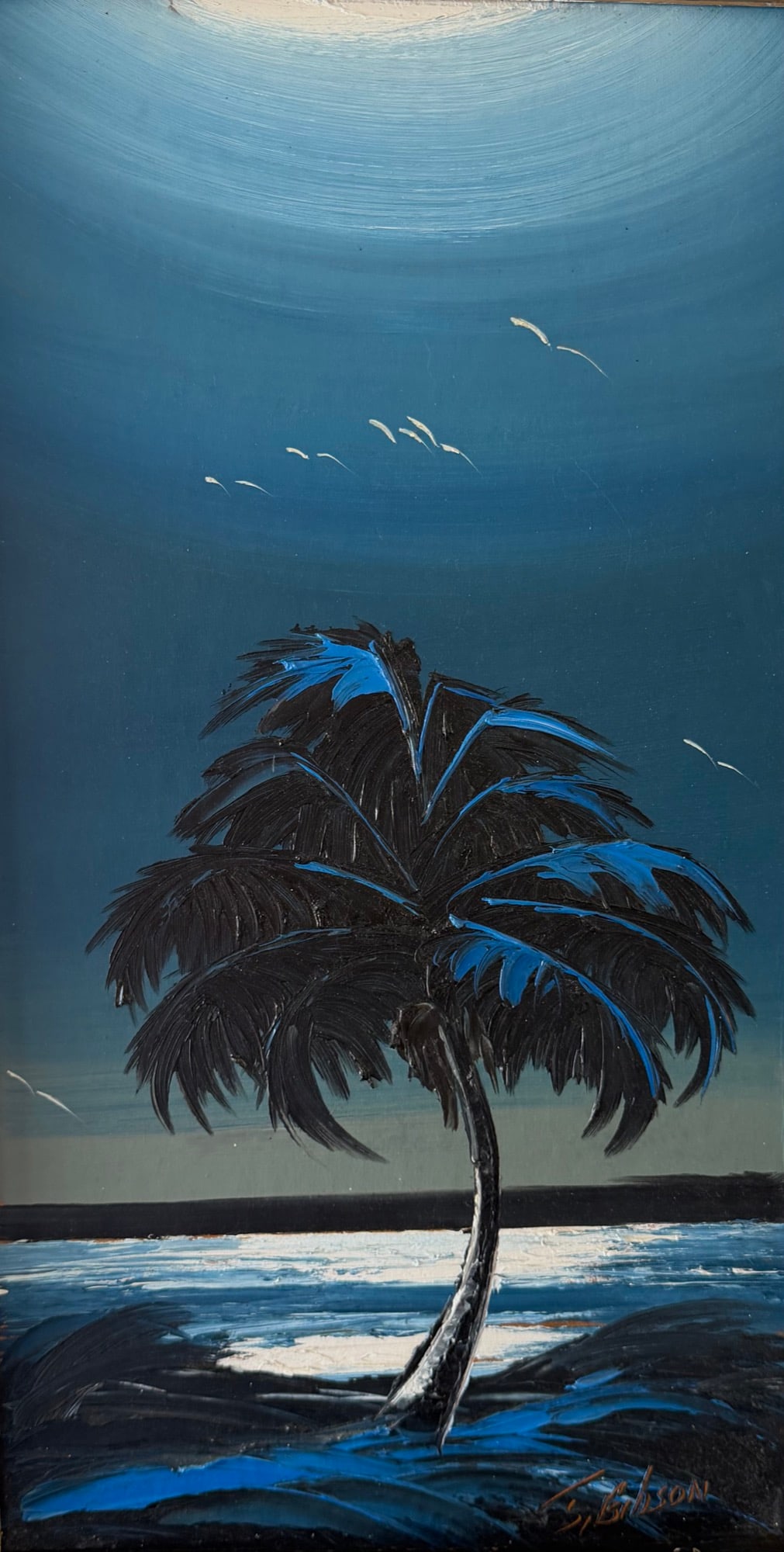 James Gibson, Florida Highwaymen Painting, 22.5x12, The Color of Moonlight Dreams: Florida Highwaymen Painting ?James Gibson | Oil on Masonite | Painting Dimensions: 22.5x12 | Frame Dimensions: 26x15 | The Color of Moonlight Dreams The Color of Moonlight Dreams showcases a side of