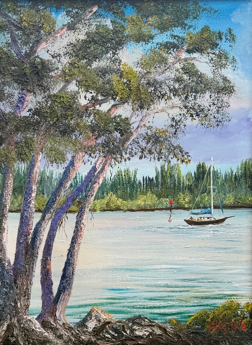 Larry H. Ogilvie Florida Painting 12x16 Sailboat in the Manatee Zone: Larry H. Ogilvie Oil on canvas Painting Dimensions: 12 x 16 inches Frame Dimensions: 18 x 22 inches Larry H. Ogilvie Florida Painting 12x16 Sailboat in the Manatee Zone A detailed Florida waterscape b
