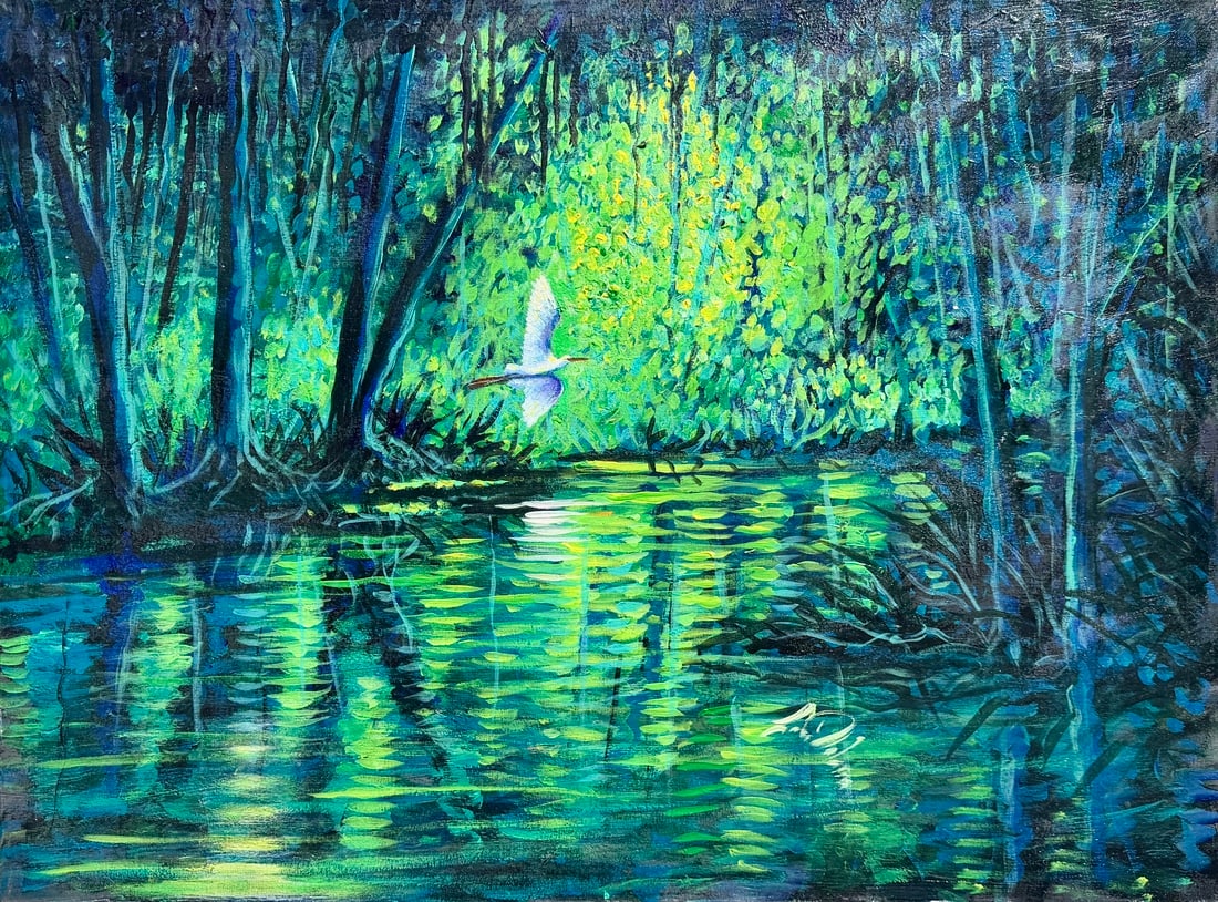 Larry Palmer Florida Landscape Painting 30 x 40 Flight Through the Emerald Wetlands (1 of 3)
