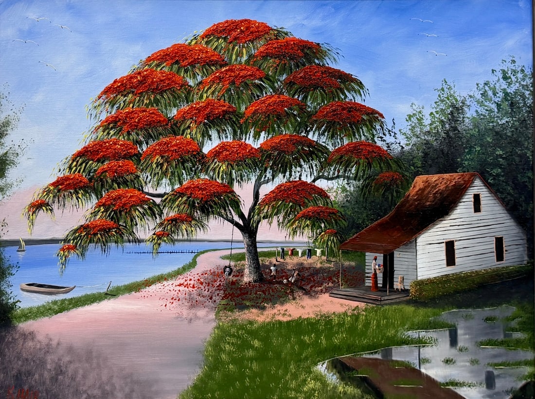 Kelvin Hair Second Generation Highwaymen Painting 18 x 24 Home Beneath the Poinciana: Kelvin Hair Medium: Oil on canvas Painting Dimensions: 18 x 24 inches Frame Dimensions: 25 x 31 inches Title: Home Beneath the Poinciana An exceptionally detailed daily-life scene by second-generation