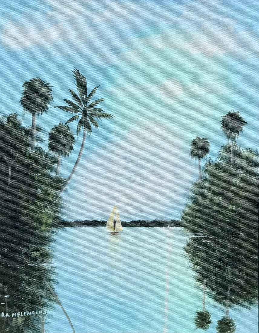 R A McLendon Jr Second Generation Highwaymen Painting 14 x 11 A Sail Waiting for the Wind: R A McLendon Jr Medium: Oil on canvas Painting Dimensions: 14 x 11 inches Frame Dimensions: 20 x 17 inches Title: A Sail Waiting for the Wind A serene second-generation Florida landscape by R A McLend