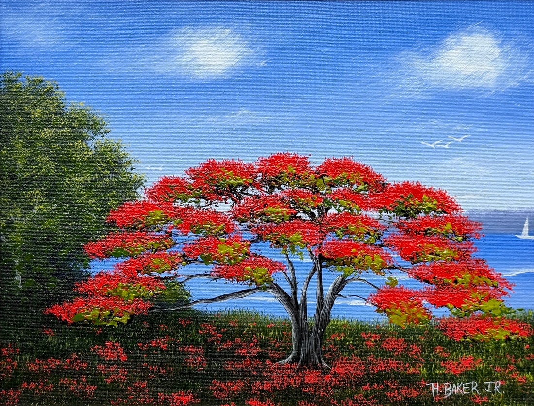Hezekiah Baker Jr Second Generation Highwaymen Painting 11 x 14 River Poinciana: Hezekiah Baker Jr Medium: Oil on canvas Painting Dimensions: 11 x 14 inches Frame Dimensions: 14 x 17 inches Title: River Poinciana A sharply executed second-generation Florida landscape by Hezekiah B