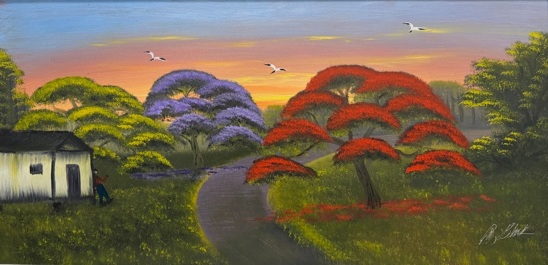 Al Black Florida Highwaymen Painting 24 x 48 Three Blooms Beneath the Evening Sky: Al Black Medium: Oil on Masonite Painting Dimensions: 24 x 48 inches Frame Dimensions: 27 x 51 inches Title: Three Blooms Beneath the Evening Sky An incredible full-size late Masonite by Al Black, thi