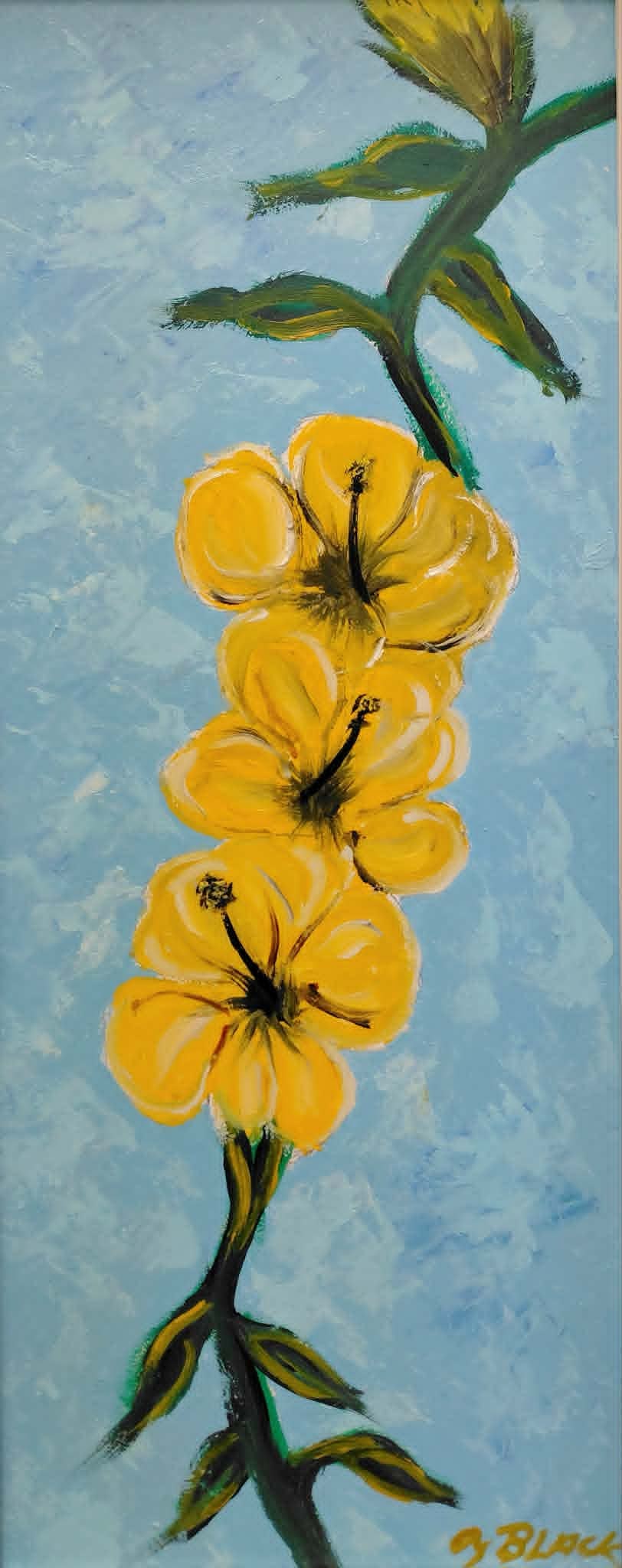 Al Black Highwaymen Painting 24x10 'Triple Yellow Hibiscus' - Rare Gift to Student: Black, Albert (1947-2025) Florida Highwaymen, Florida Art Hall of Fame. Oil painting on Masonite 24x10 'Triple Yellow Hibiscuc'. Very rare subject matter, was gifted by the artist to a student in the 