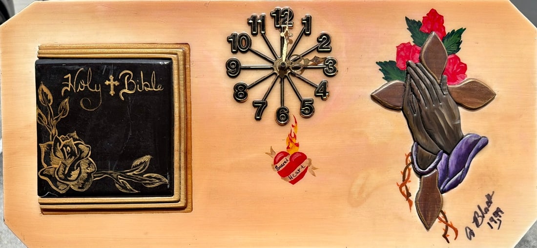 Al Black Florida Highwaymen Prison Art Clock 11 x 24 Sacred Time: Al Black Medium: Mixed media clock on wood Dimensions: 11 x 24 inches Date: 1999 Title: Sacred Time A rare and unusual piece of Al Black prison art, this hand-decorated wooden clock dates to 1999 and 