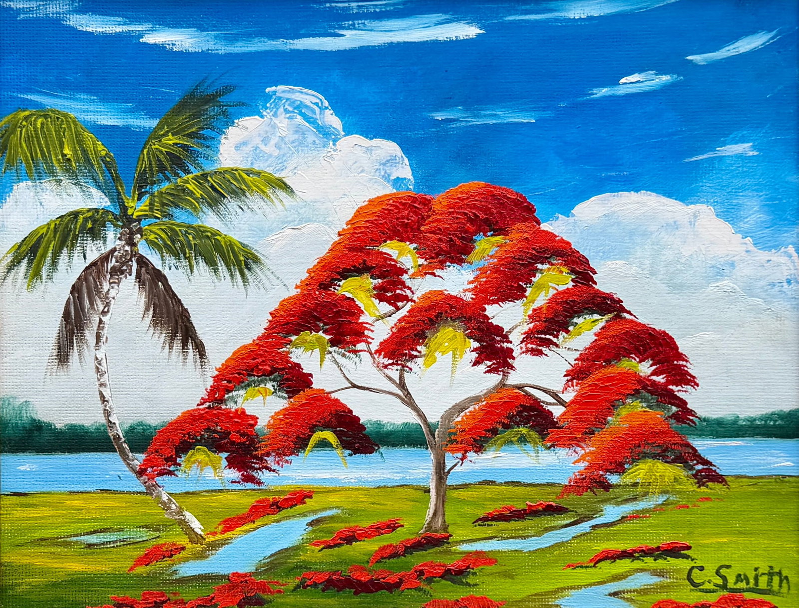 Carnell Smith Florida Highwaymen Painting 11 x 13.5 When the Poinciana Glowed After the Rain (1 of 5)