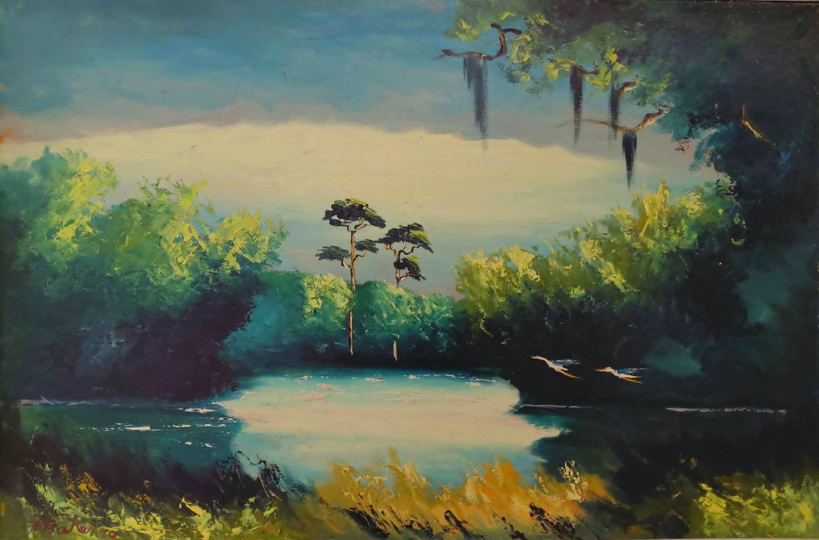 Hezekiah Baker Highwaymen Painting 24x36 'Flight Over The Blue Backwaters': Baker, Hezekiah (1940-2007) Florida Highwaymen, Florida Art Hall of Fame. Oil painting 24 x 36 on Upson board 'Flight Over The Blue Backwater'. 27.5 x 39.5 with frame. Beautiful early Baker painting, 