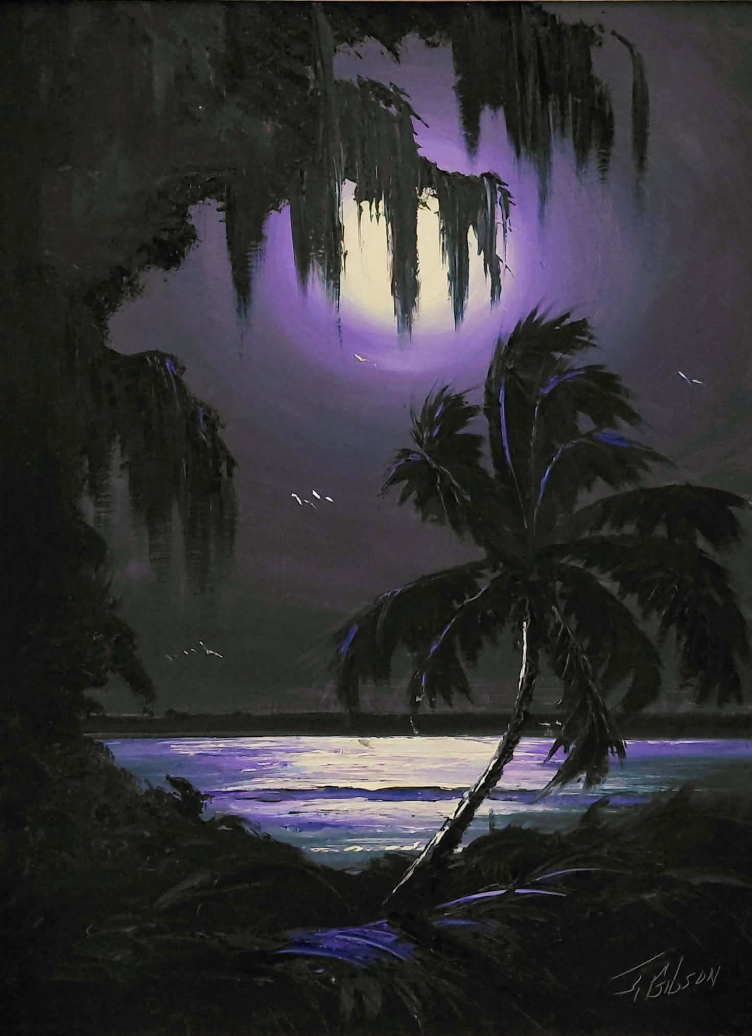 James Gibson Highwaymen Painting 24x18 'Moonlit River Glow': Gibson, James (1938-2017) Florida Highwaymen, Florida Art Hall of Fame. Oil painting 24 x 18 on Masonite. Palette-knife painting, striking river palm with purple highlights illuminating the tree and g