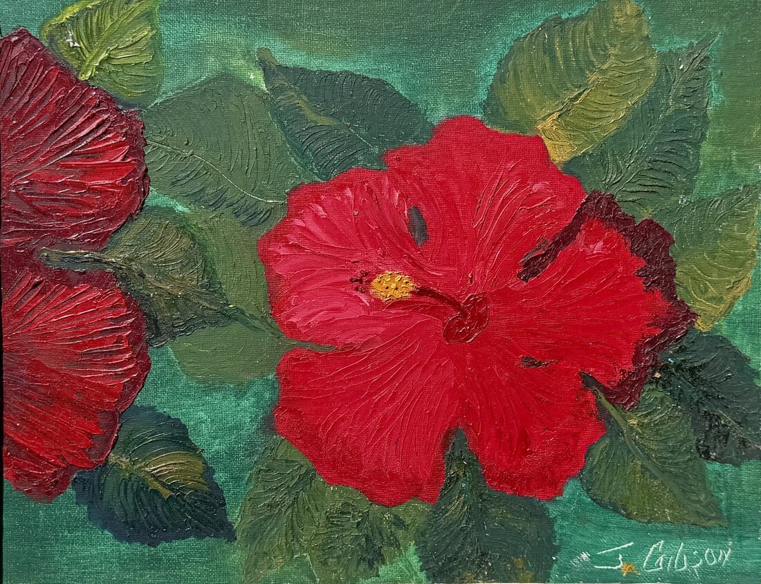James Gibson Collaborative Florida Painting 10.5 x 13.5 Scarlet Hibiscus: James Gibson Medium: Oil on canvas board, collaborative work Painting Dimensions: 10.5 x 13.5 inches Frame Dimensions: 15 x 18 inches Title: Scarlet Hibiscus A colorful collaborative Florida painting 