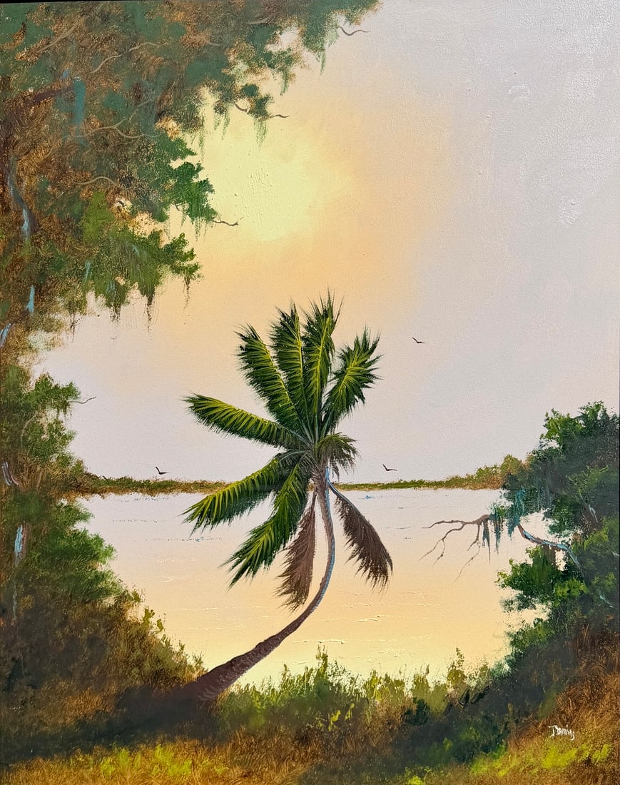 Johnny Daniels Florida Highwaymen Painting 29.5 x 23.5 Palm Catching the Morning Light: Johnny Daniels Medium: Oil on Masonite Painting Dimensions: 29.5 x 23.5 inches Frame Dimensions: 34 x 27.5 inches Title: Palm Catching the Morning Light A transitional Masonite work by Johnny Daniels,
