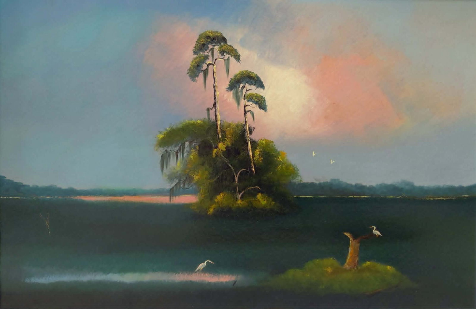 Livingston Roberts Highwaymen Painting 24x36 'Pine Stand Colors' With COA on the back, unsigned: Roberts, Livingston “Castro” (1942-2004) Florida Highwaymen. Oil painting 24" x 36" on Upson board. 27.5 x 39.5 with the frame. Certificate of Authenticy on the back signed by Dorothea Hair, w