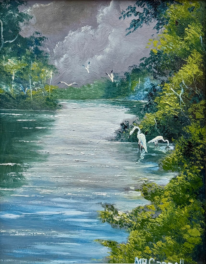 Mary Ann Carroll Florida Highwaymen Painting 14 x 10 Guardians of the Endless River: Mary Ann Carroll Medium: Oil on Masonite Painting Dimensions: 14 x 10 inches Frame Dimensions: 19 x 16 inches Title: Guardians of the Endless River A beautifully executed later transitional Masonite w