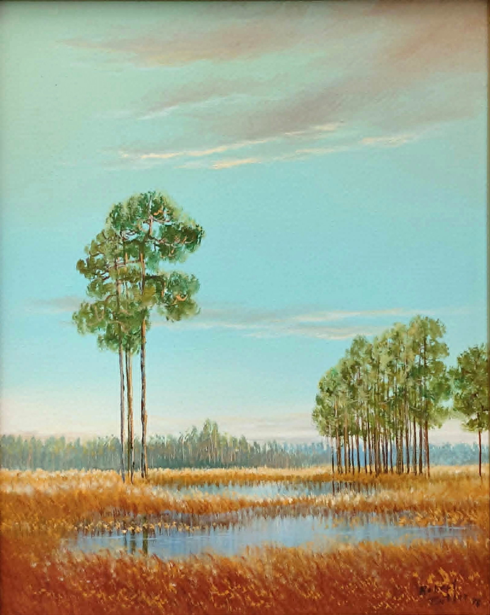 Robert Butler Highwaymen Painting 20x16 'Backwater Pines Reflections': Butler, Robert (1943-2014) Florida Highwaymen Painting, Florida Art Hall of Fame. Oil on canvas, 20x16 'Backwater Pines Reflections'. Beautiful backcountry scene with colorful pines reflecting off the