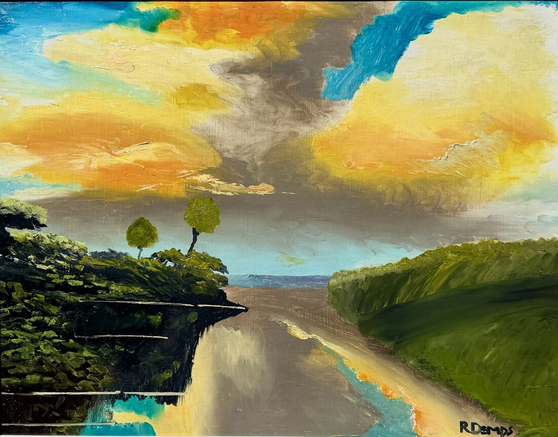 Rodney Demps Florida Highwaymen Painting 21 x 27 Strange Horizons: Rodney Demps Medium: Oil on Masonite Painting Dimensions: 21 x 27 inches Frame Dimensions: 25 x 31 inches Title: Strange Horizons A distinctly surreal work by Rodney Demps, this Masonite painting laye