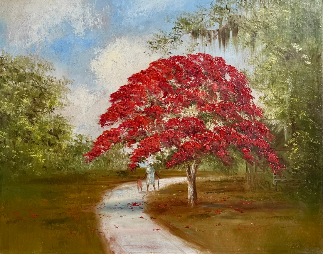 Roy McLendon Florida Highwaymen Painting 23 x 29 Beneath the Saturated Poinciana: R A McLendon Medium: Oil on Upson board Painting Dimensions: 23 x 29 inches Frame Dimensions: 30.5 x 36 inches Title: Beneath the Saturated Poinciana An important early Upson-board work by R A McLendo