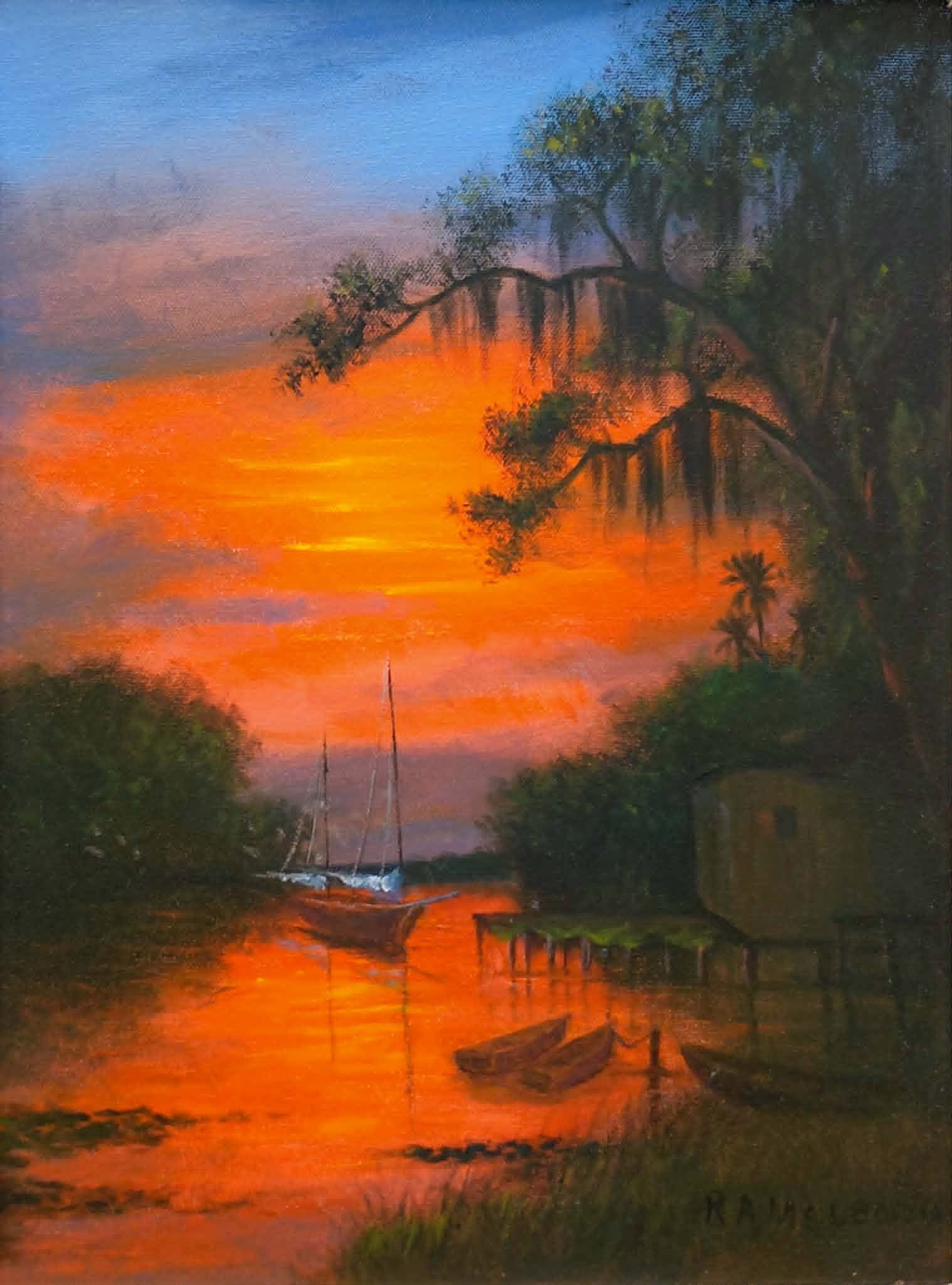 Roy McLendon Highwaymen Painting 16x12 'Sailboat in the Sunset Cove' (1 of 4)