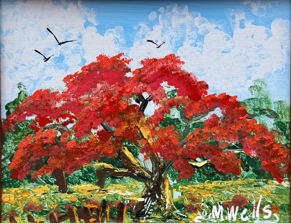 Sylvester Wells Florida Highwaymen Painting 8 x 10 The Wells Poinciana: Sylvester Wells Medium: Oil on canvas board Painting Dimensions: 8 x 10 inches Frame Dimensions: 11.5 x 13.5 inches Date: 2003 Title: The Wells Poinciana Here we have a compact but highly desirable ex