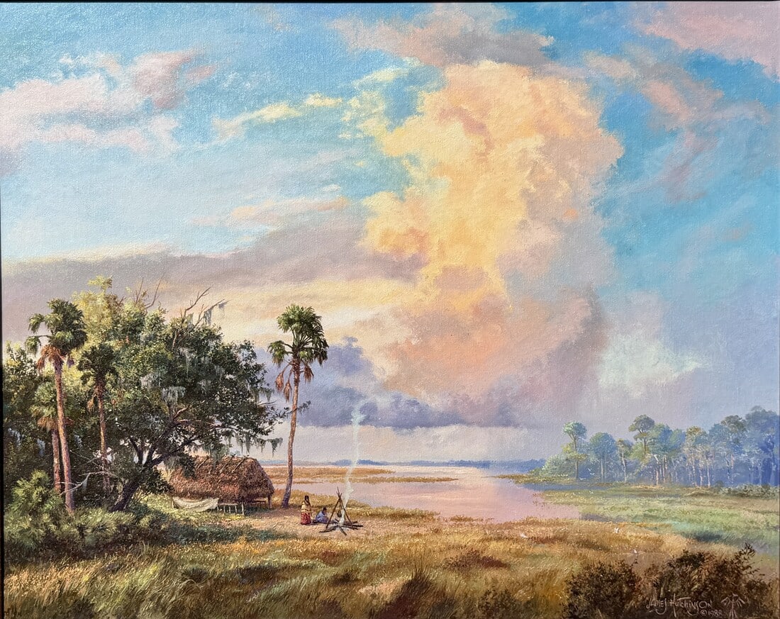 James Hutchinson Florida Painting 24 x 30 The Great Sky Over Seminole Country: James Hutchinson Medium: Oil on canvas Painting Dimensions: 24 x 30 inches Frame Dimensions: 29 x 35 inches Date: 1988 Title: The Great Sky Over Seminole Country A beautiful and highly desirable Semin