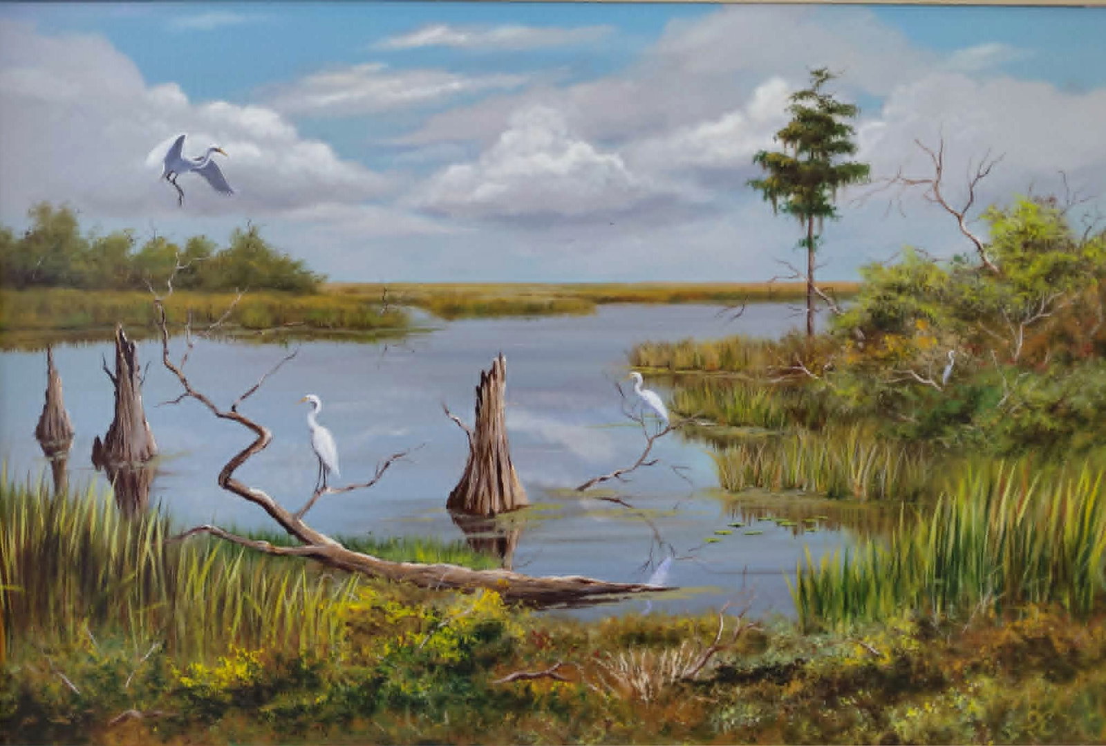 Ben Essenberg Painting 24x36 'Herons in the Everglades': Ben W Essenburg (Florida, 1947 - 2018). Listed Florida artist who started exhibiting professionally in 1975, receiving numerous awards for his fine, realistic Florida lanscapes. 24x36 acrylic on canva
