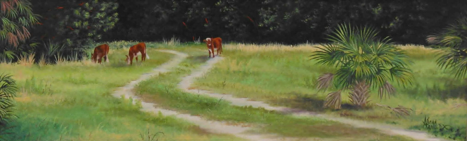 Joan Arnold Painting 8x24 'Cows on Adams Ranch' - Indian River School: Joan Arnold (1945-2008) A contemporary of A.E. 'Beanie' Backus, Indian River School artist. Oil painting 'Cows on Adams Ranch' on canvas. A rare and finely painted Adams Ranch scene (a favorite of
