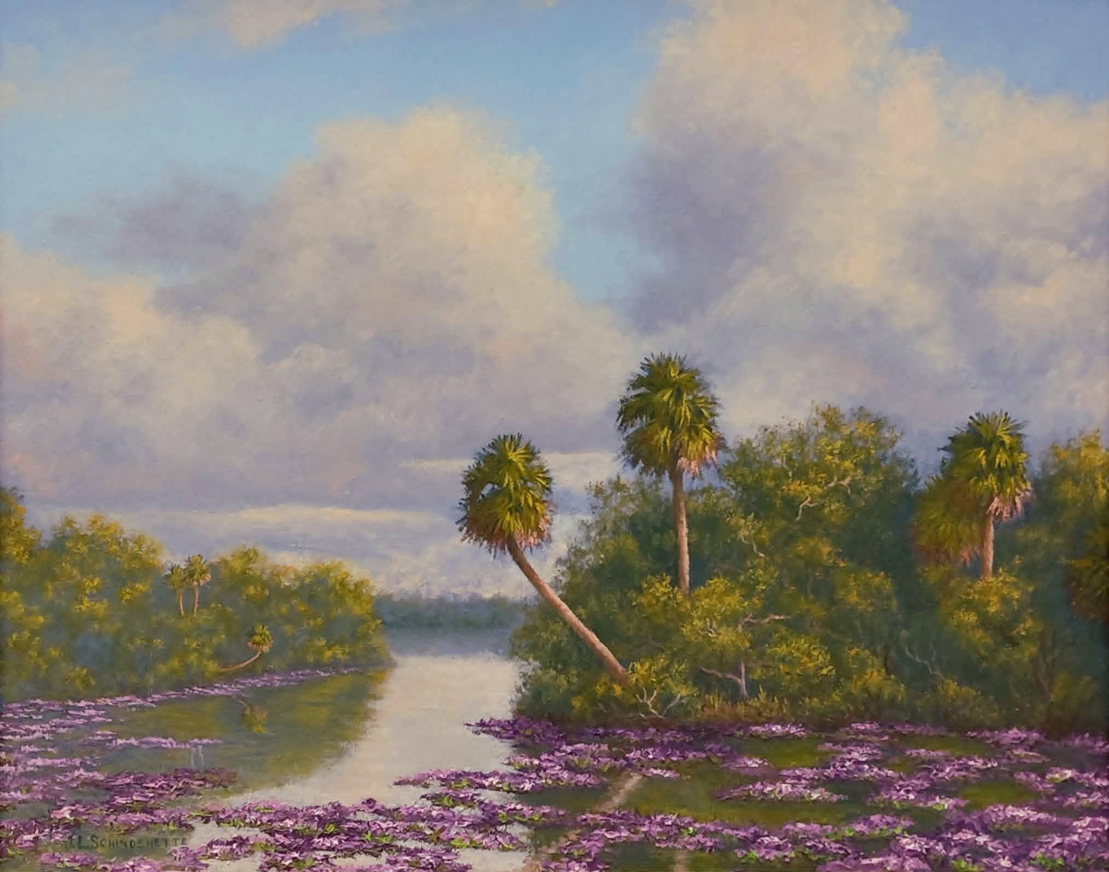 Jackie Schindehette Painting 16x20 'Hyacinths on the St. Lucie' - Indian River School, Backus formal: Schindehette, Jackie L. - Indian River School Artist, a formal student of A.E. Backus, sharing his studio for 10 years. Oil painting on canvas 'Hyacinths on the St. Lucie' 16 x 20. Very finely painted