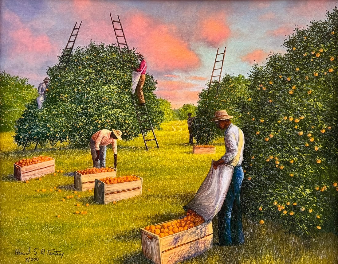Ahmed Eltemtamy Florida Embellished Print 16 x 20 Ladders in the Grove: Ahmed Eltemtamy Medium: Embellished giclee print on canvas board Image Dimensions: 16 x 20 inches Frame Dimensions: 20 x 24 inches Edition: 3 of 200 Title: Ladders in the Grove A beautifully detailed 