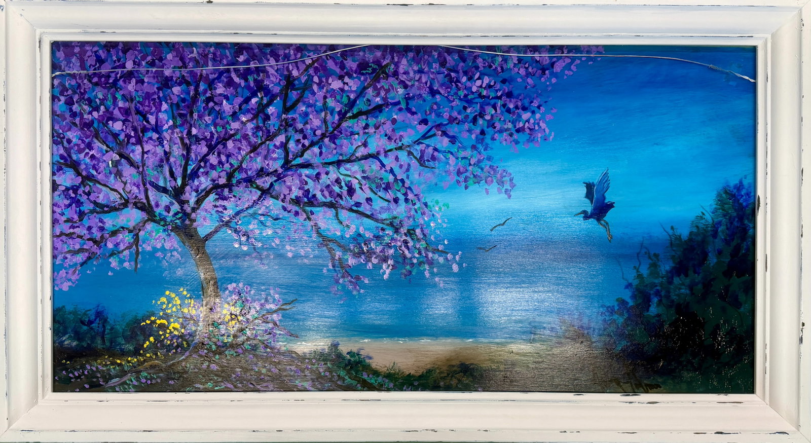 Larry Palmer Florida Landscape Painting 24 x 48 Violet Fire Along the Coast: Larry Palmer Medium: Acrylic on Masonite Painting Dimensions: 24 x 48 inches Frame Dimensions: 28 x 51 inches Title: Violet Fire Along the Coast A striking large-format Florida landscape by Larry Palm