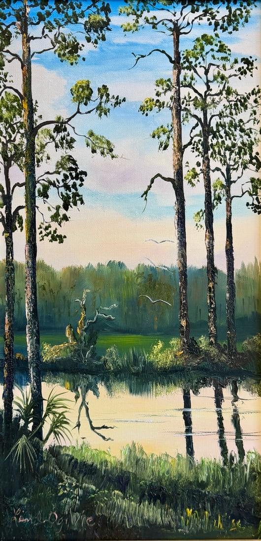 Larry H. Ogilvie Florida Painting 12x24 Reflections Beneath the Tall Pines: Larry H. Ogilvie Oil on canvas Painting Dimensions: 12 x 24 inches Frame Dimensions: 17 x 29 inches Larry H. Ogilvie Florida Painting 12x24 Reflections Beneath the Tall Pines A vertical Florida landsc