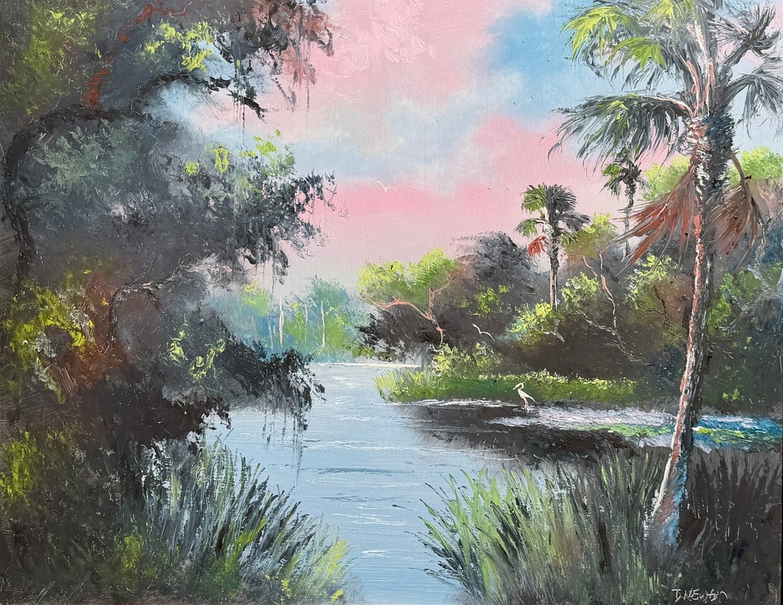Tracey Newton Second Generation Highwaymen Painting 22 x 27.5 The Bird at the Bend: Tracey Newton Medium: Oil on Masonite Painting Dimensions: 22 x 27.5 inches Frame Dimensions: 27 x 33 inches Title: The Bird at the Bend A strong second-generation Florida landscape by Tracey Newton, 