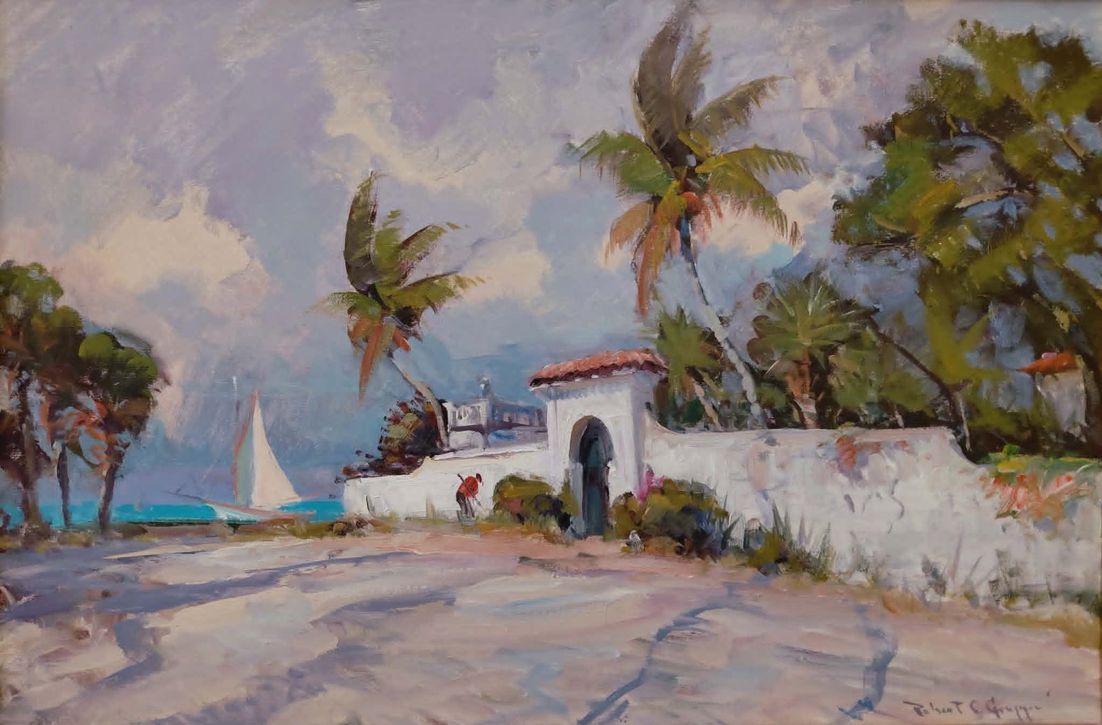 Robert Gruppe Painting 24x36 'Docked Florida Sailboat': Gruppe, Robert Charles - American (b 1944). Cape Anne, Gloucester School artist. Son of Emile Gruppe, known for vibrant landscapes and seascapes. Oil on Masonite 24x36 'Docked Florida Sailboat', 34 x 