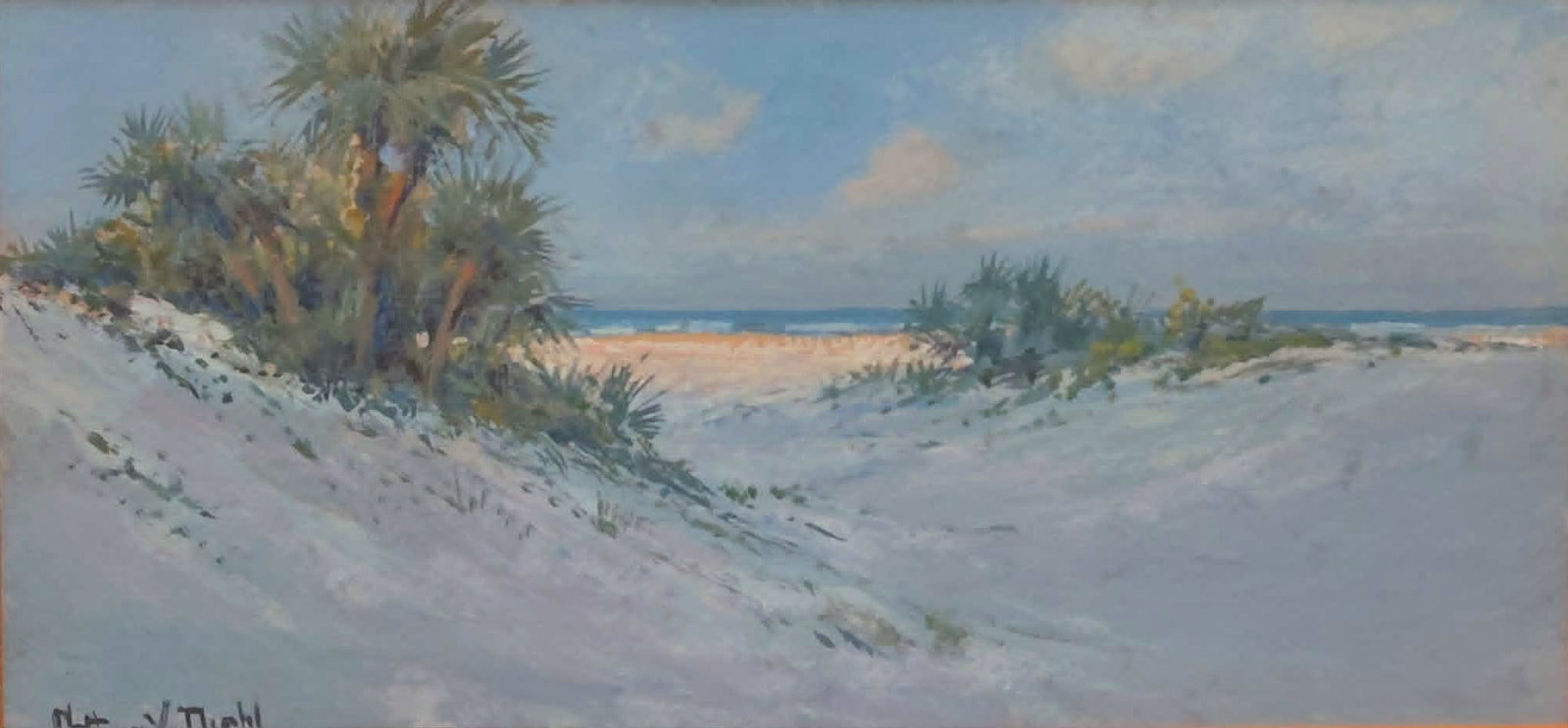 Arthur Vidal Diehl Painting 6x12 'St. Augustine Beach': Arthur Vidal Diehl (British - Massachusetts, Florida - 1870-1929) Oil painting on board, 6 x 12 'St. Augustine Beach'. A picture of writing that appears on the back of the painting shows it titled and