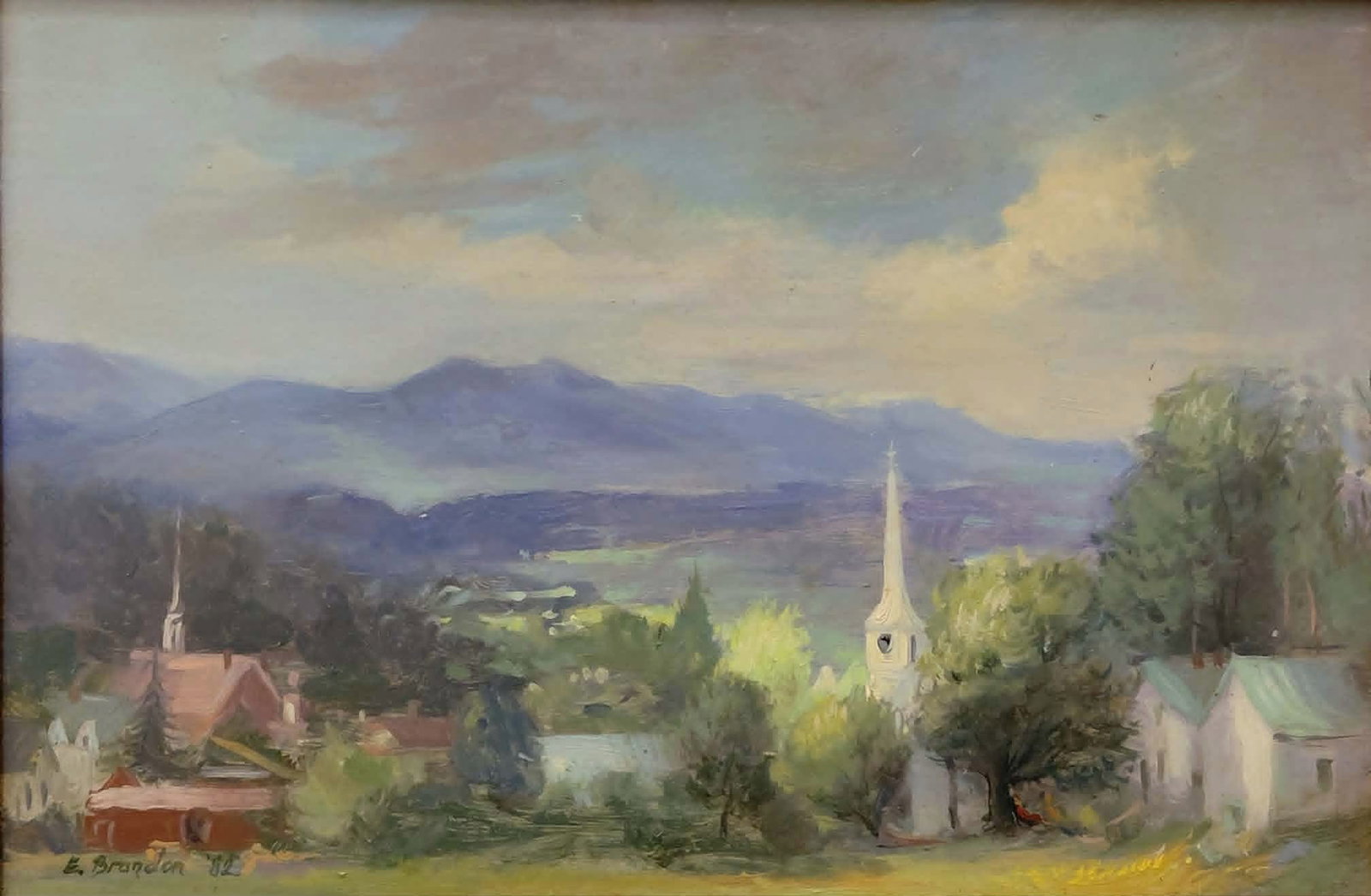 Elizabeth Brandon Painting 8x12 'Village View': Elizabeth Brandon (Tennessee, b. 1952) 9x12 oil on canvas 'Village View', a beautifully painted town scene with church steeples and home in a valley with mountains in the background. 13 x 17 with the 