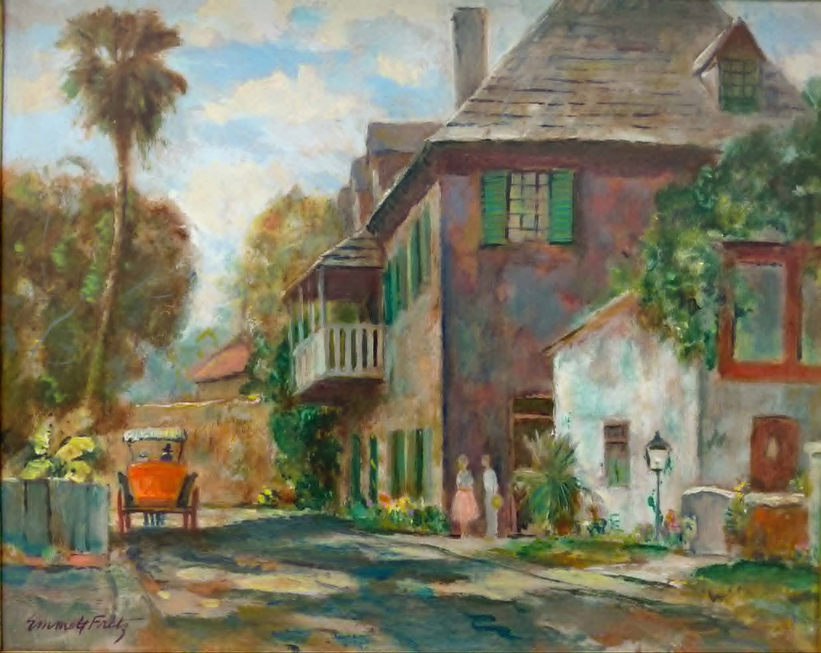 Emmett Fritz Painting 16x20 'Aviles St. St. Augustine': Emmett Fritz (American 1917-1995), St. Augustine Art Association - Oil painting on board, 16x20 'Aviles Street, St. Augustine'. Finely painted, a classic St. Augustine, FL street scene. 19 x 23 with t