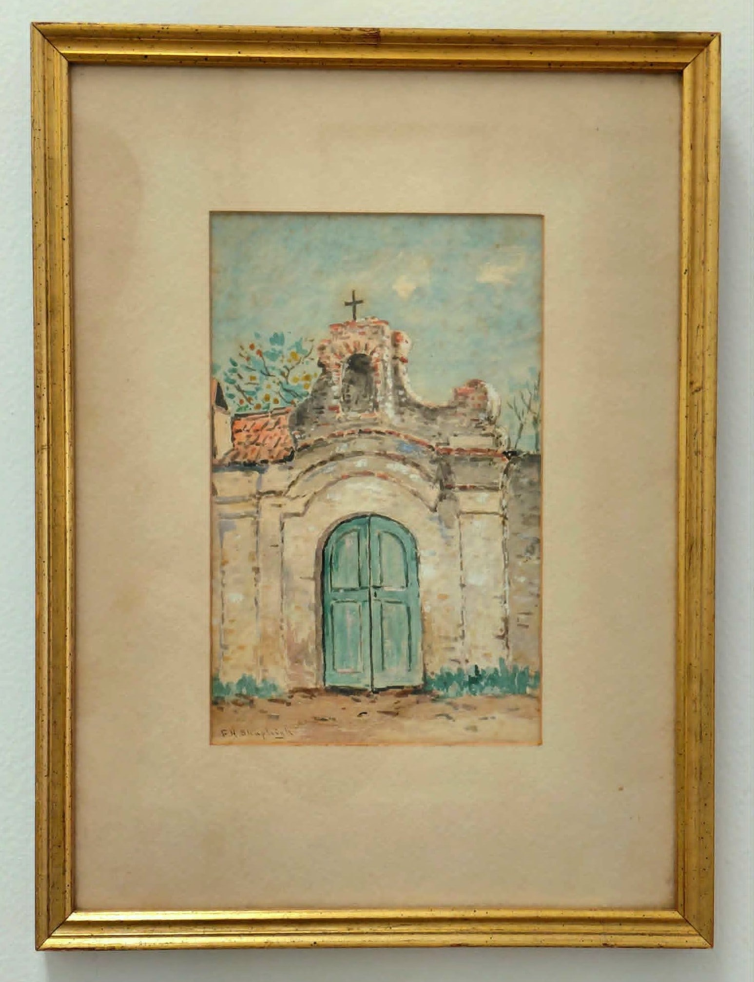 Frank Shapleigh Painting 9x6 'St. Augustine Mission': Frank Henry Shapeleigh (American, 1842-1906). New England, Florida. Painted with Albert Bierstadt. painting on, 9 x 6 inch 'St. Augustine Mission'. Beautiful street scene in front of the doors of a mi