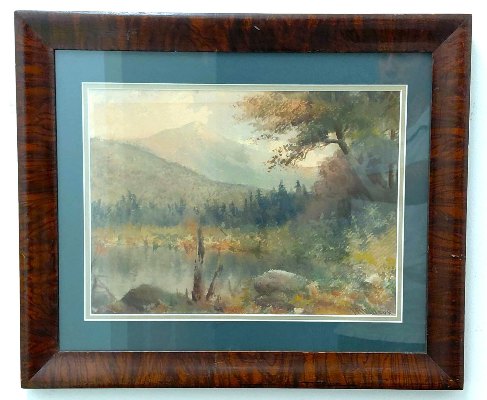 J.R. Wilcox Watercolor Painting 10x14 'Fall Mountains': James Ralph Wilcox, American (1866-1915). Watercolor on paper 10 x 14 'Fall Mountains'. Framed and matted under glass. Signed lower right. Overall very good condition