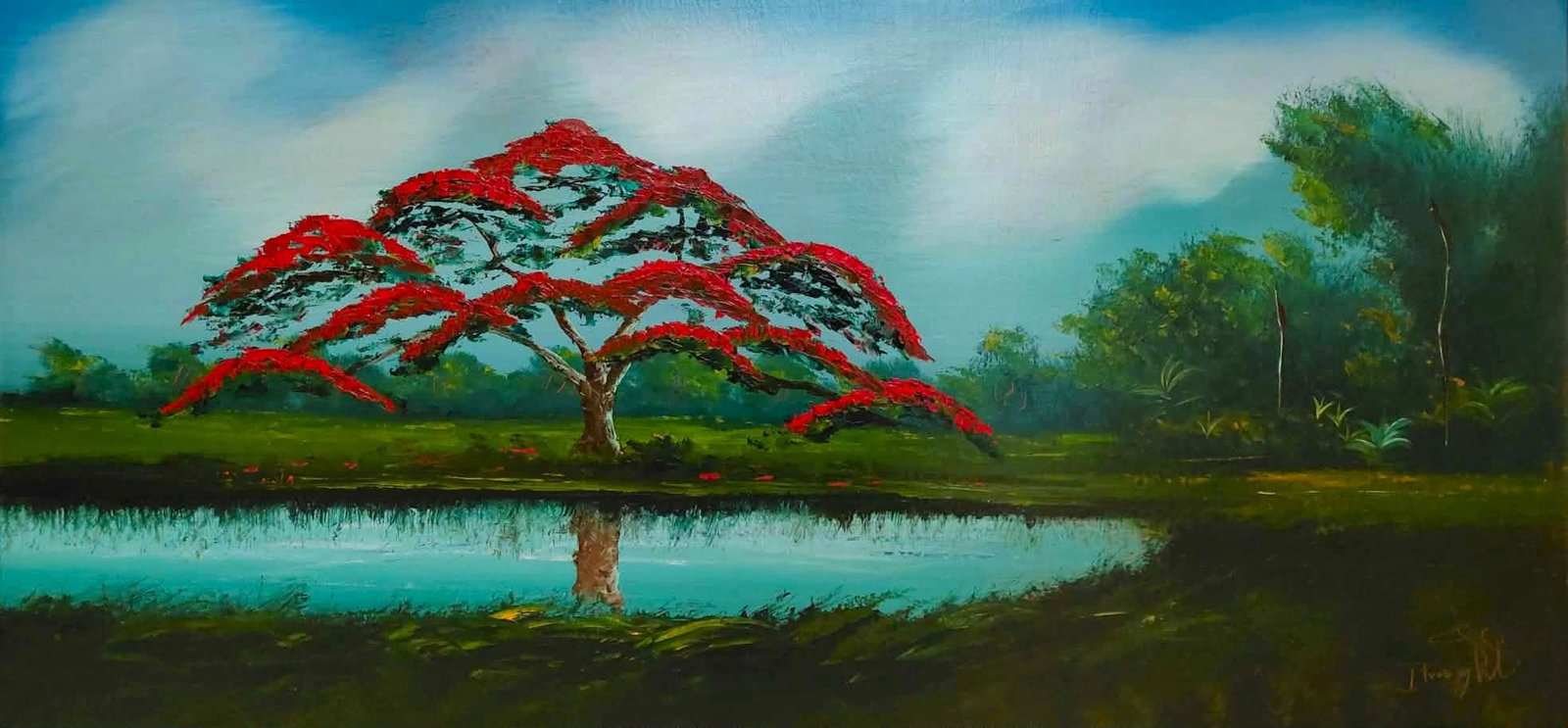 Isaac Knight Highwaymen Painting 24x48 - 'Poinciana Reflections' - On Upson: Knight, Isaac (1942-2022) Florida Art Hall of Fame - Florida Highwaymen. 24x48 oil painting on Upson Board, 'Poinciana Reflections' Beautiful, original scratched-in signature, great backcountry scene,