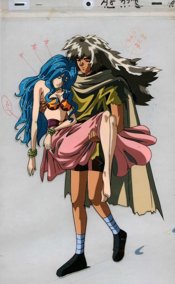 Osamu Dezaki (?? ?) d’après l’oeuvre de Herman Melville .Hakugei: Legend of the Moby Dick: Osamu Dezaki (?? ?) d’après l’oeuvre de Herman Melville .Hakugei: Legend of the Moby Dick (?????).Dew et Seira.Cellulo panoramique - pan cel original à l’encre et à la gouache.Produit par Tez