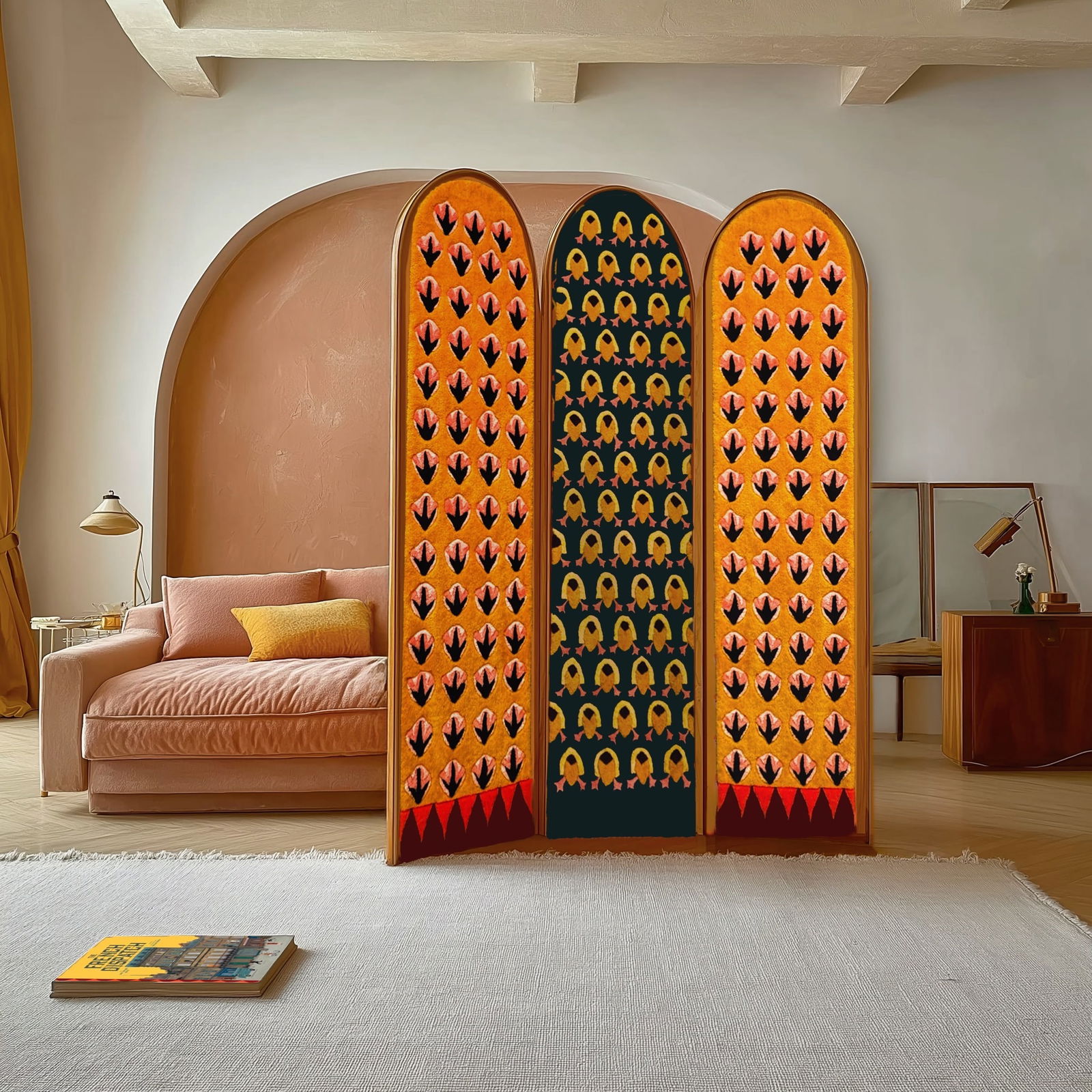 Maryna Pupcha.Duck Asses.Paravent.Chêne et laine.Réalisé à la main, édition limitée.Date de: Maryna Pupcha.Duck Asses.Paravent.Chêne et laine.Réalisé à la main, édition limitée.Date de création : 2025.H190 L150 cm..Le paravent « Duck Asses » s'inspire des culs des canards, qui