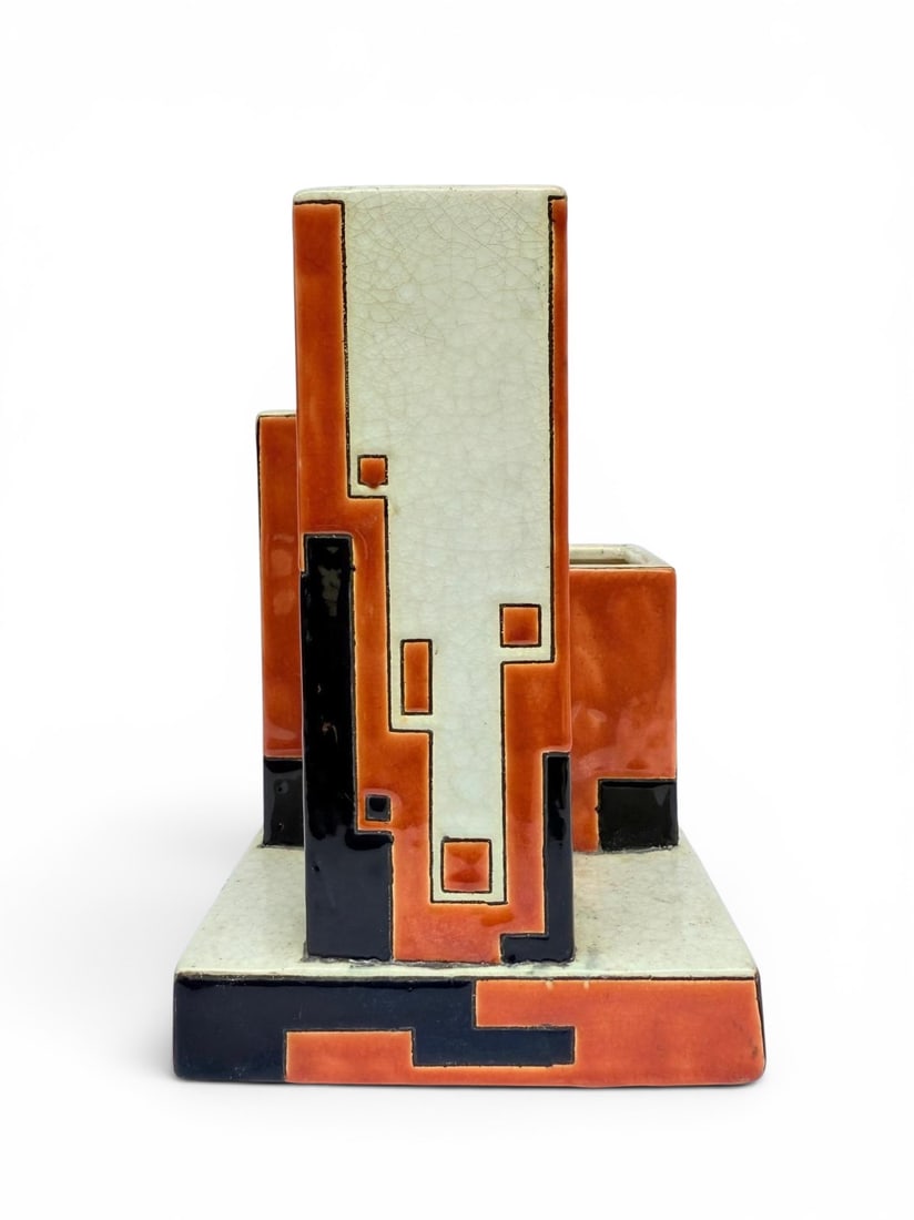 Charles Catteau (1889-1906) Vase with tricolor decoration of geometric lords Manufacture Boch: Charles Catteau (1889-1906) Vase with tricolor decoration of geometric lords Manufacture Boch Fr?res Keramis Stamped under the base Reference D1291H21 W14 D14 cmProvenance: Charles Catteau Collection,