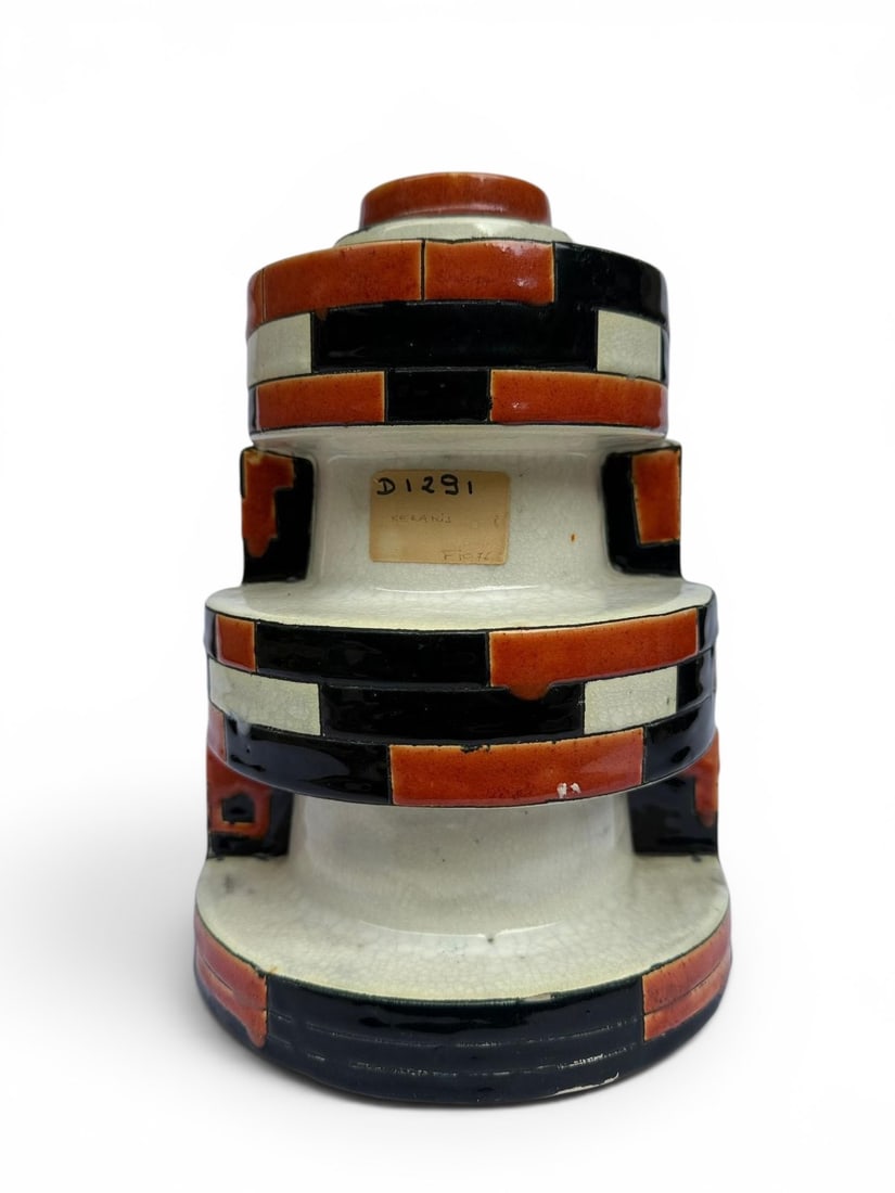 Charles Catteau (1889-1906) Circular vase Enameled ceramic with tricolor geometric decoration: Charles Catteau (1889-1906) Circular vase Enameled ceramic with tricolor geometric decoration Manufacture Boch Fr?res Keramis Stamped under the base Reference D1291Creation date: circa 1925H25 D17.5