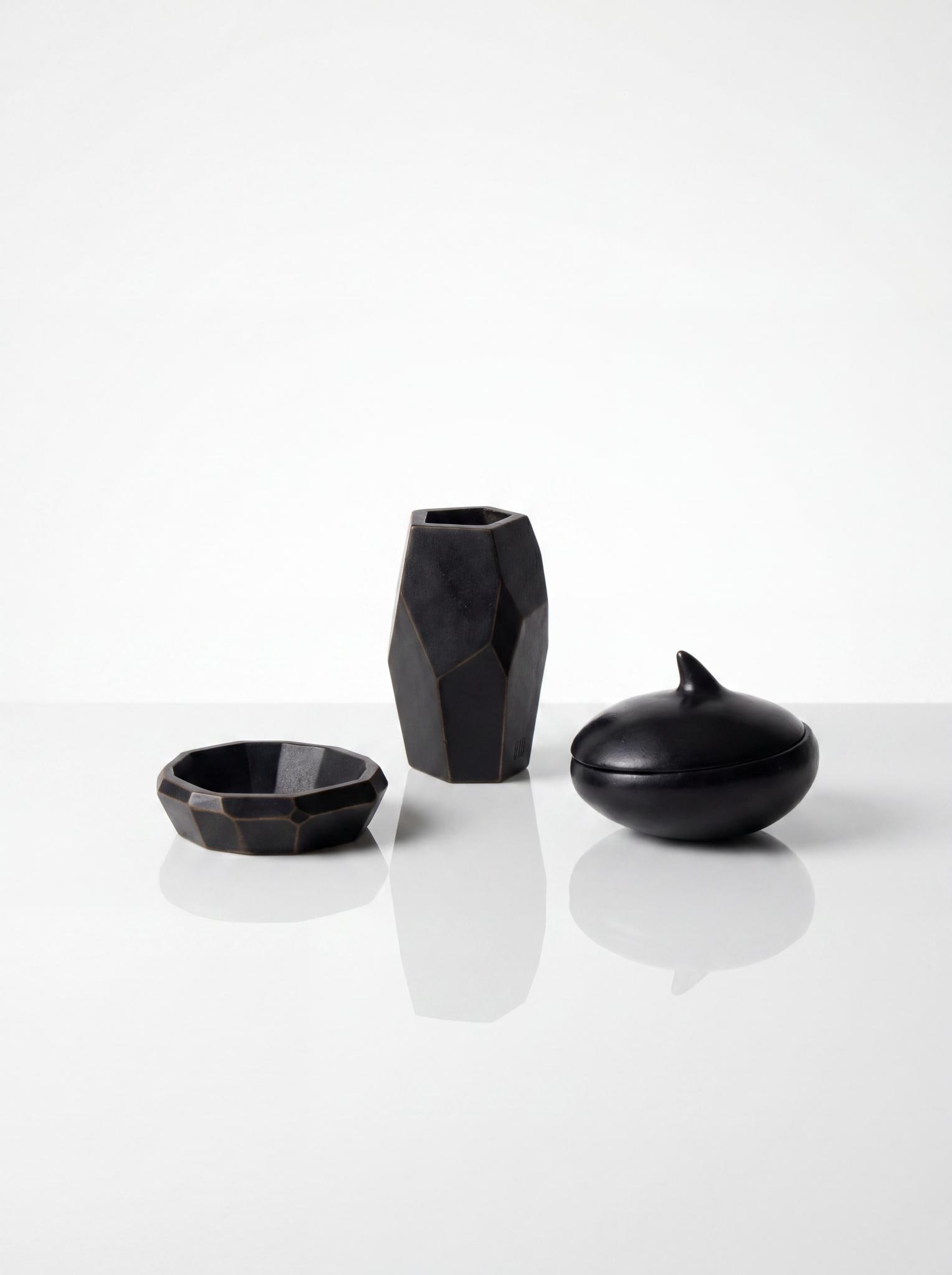 Elizabeth Garouste (1946) and Mattia Bonetti (1952) Vase, bowl, and box Bronze Includes a vase, a: Elizabeth Garouste (1946) and Mattia Bonetti (1952) Vase, bowl, and boxBronze Includes a vase, a box, and a trinket dish Black-patinated bronze Blome Edition Date of creation: circa 1990Condition: