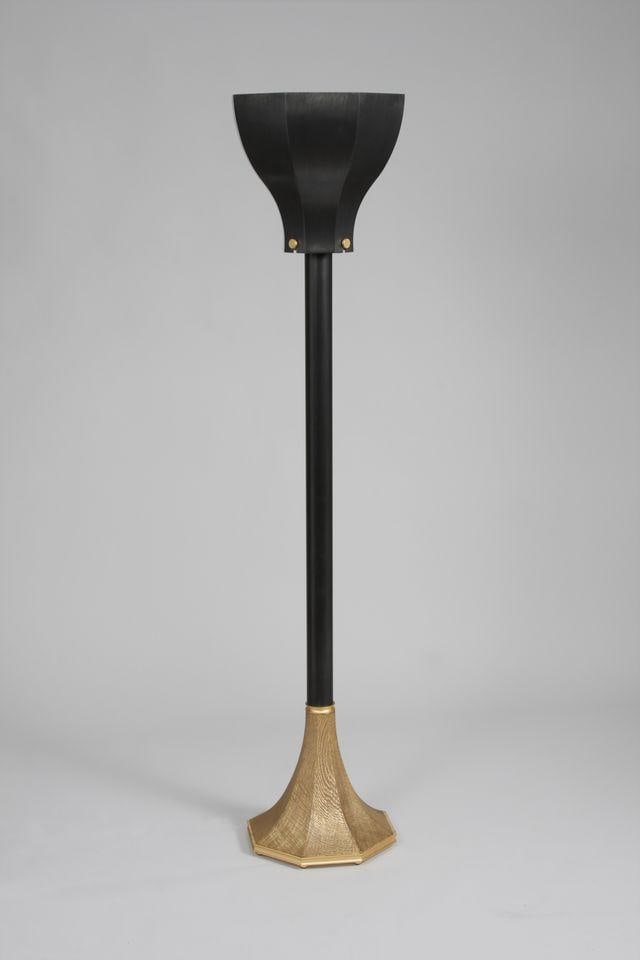 Piero Manara Calice Floor lamp Lacquered steel, weathered metal, metal shade, wooden base Maison: Piero Manara CaliceFloor lamp Lacquered steel, weathered metal, metal shade, wooden baseMaison Pouenat editionH168 D36 cm Condition: shows signs of use ? crack on the base / Light marks consistent