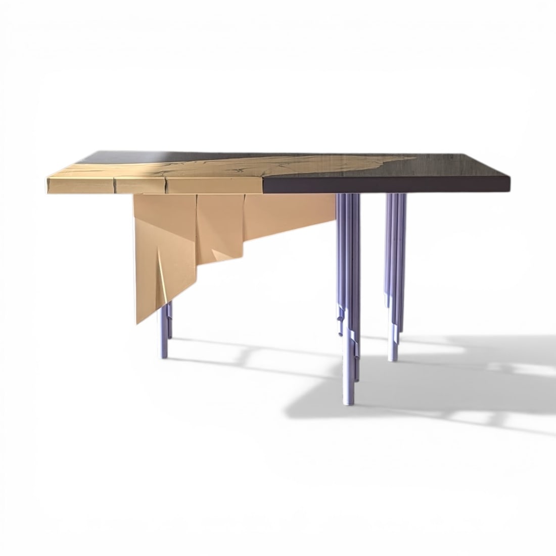 Luc Godar (1942-2009) Sculptural table Metal legs and lacquered composite wood top and volume Unique: Luc Godar (1942-2009)Sculptural tableMetal legs and lacquered composite wood top and volumeUnique model, signedH76 L140 D110 cmExhibited at the Kortrijk Interior Biennial in 1988. Under the draped
