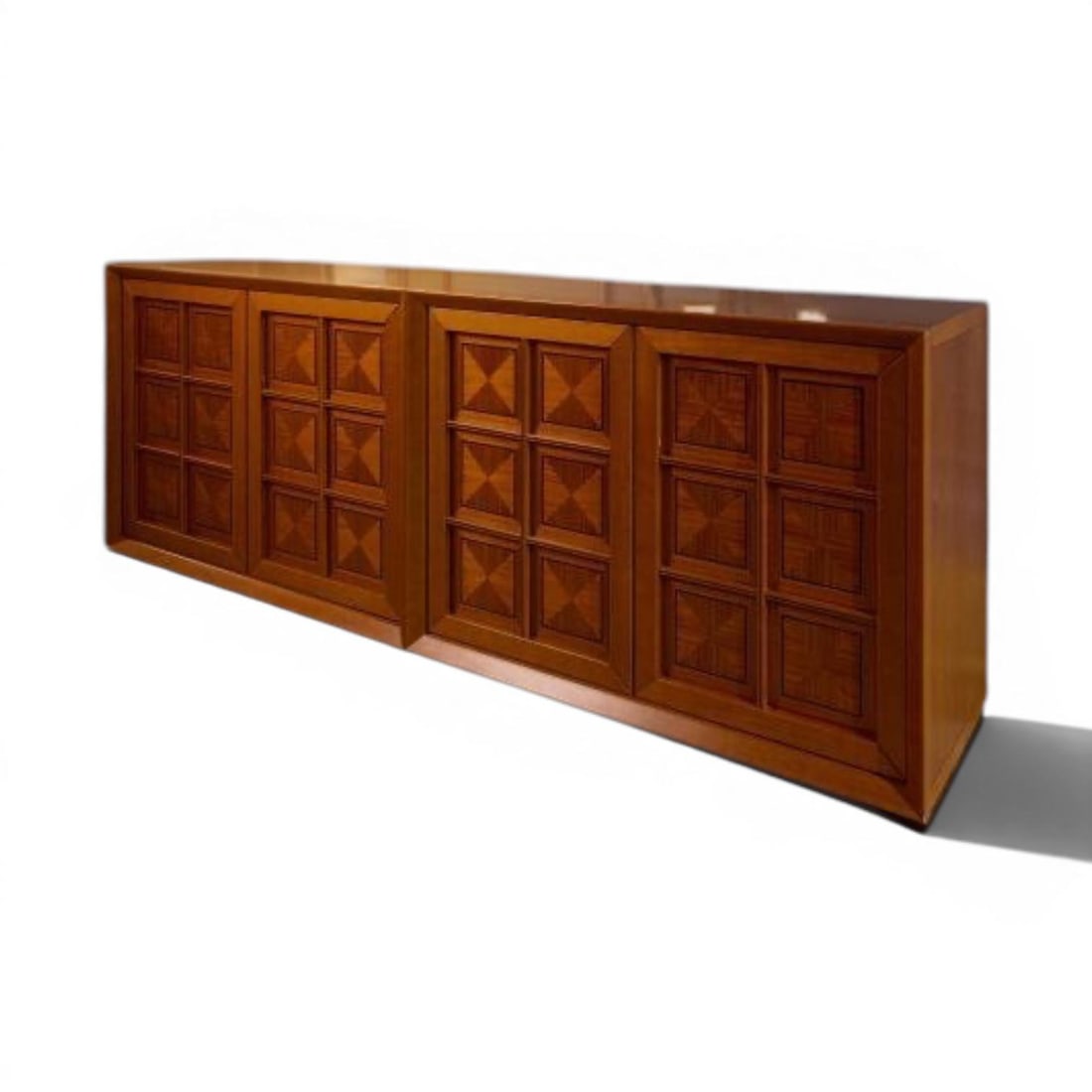 Fabrizio Paldaretti Sideboard, "Caccia Alla Volpe" model Cherry and mahogany H75 W200 D45 cm 4: Fabrizio Paldaretti Sideboard, "Caccia Alla Volpe" model Cherry and mahogany H75 W200 D45 cm 4 interior drawers on the right and a glass shelf on the left