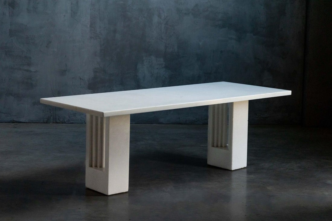 Carlo Scarpa and Marcel Breuer Delfi Dining Table White Marble H75 W213 D88 cm The ?Delfi? dining: Carlo Scarpa and Marcel BreuerDelfi Dining TableWhite MarbleH75 W213 D88 cmThe ?Delfi? dining table, crafted entirely from pristine white marble, showcases its natural veining and impeccable beauty.