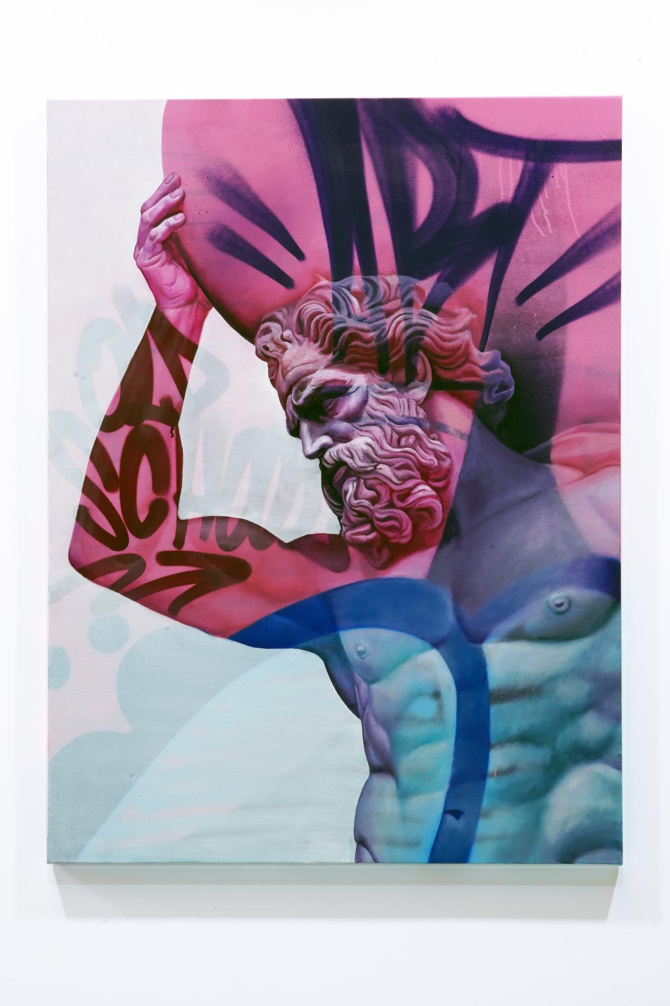 PichiAvo Atlas Lefkos Spray paint, acrylic, and oil on canvas One-of-a-kind piece Date created:: PichiAvo Atlas Lefkos Spray paint, acrylic, and oil on canvas One-of-a-kind piece Date created: 2026 H120 W90 cm
