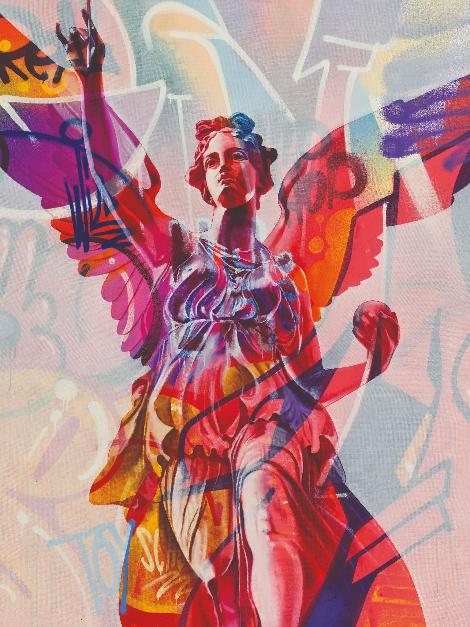 PichiAvo Nike Lefkos Spray paint, acrylic, and oil on canvas with UV ink One-of-a-kind piece Date: PichiAvo Nike Lefkos Spray paint, acrylic, and oil on canvas with UV inkOne-of-a-kind piece Date of creation: 2025 H200 W160 cm Exhibited in a museum, included in the catalog "Principios" published by