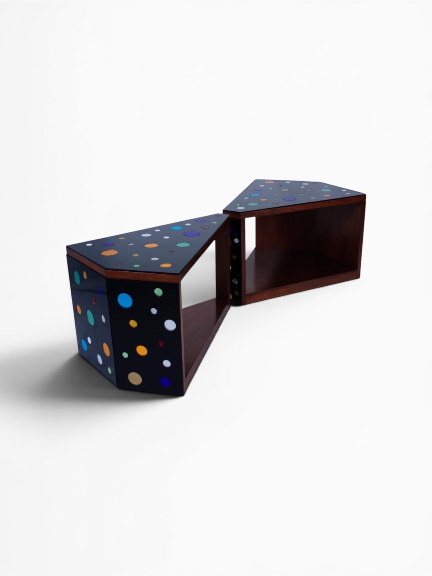 Roberto Giulio Rida (1943) Coriandoli Pair of coffee tables Wood, black opal glass, and Murano glass: Roberto Giulio Rida (1943)CoriandoliPair of coffee tablesWood, black opal glass, and Murano glass cabochonsOne-of-a-kind pieceSigned "R. G. Rida"